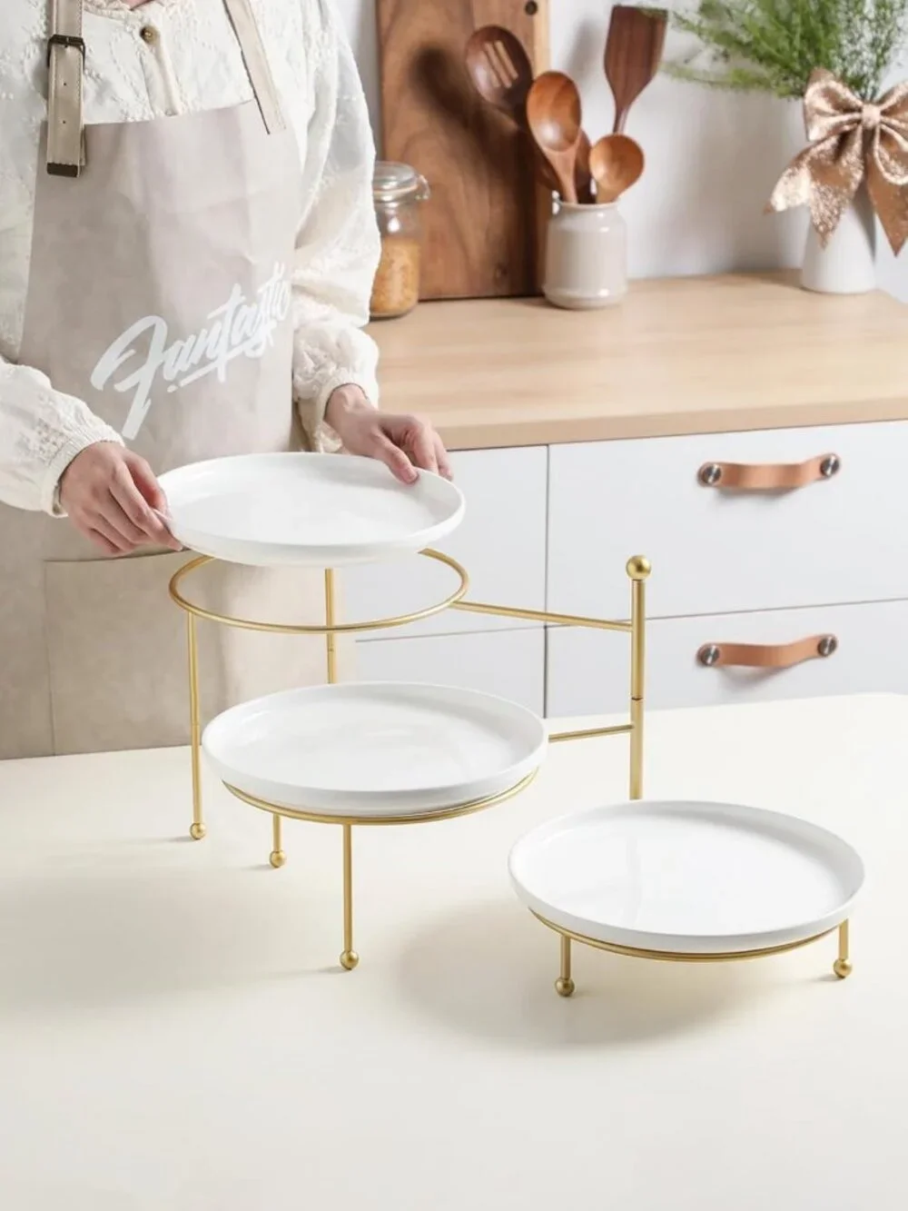 Elegant 3-Tier Serving Stand with White Porcelain Plates & Gold Metal Frame